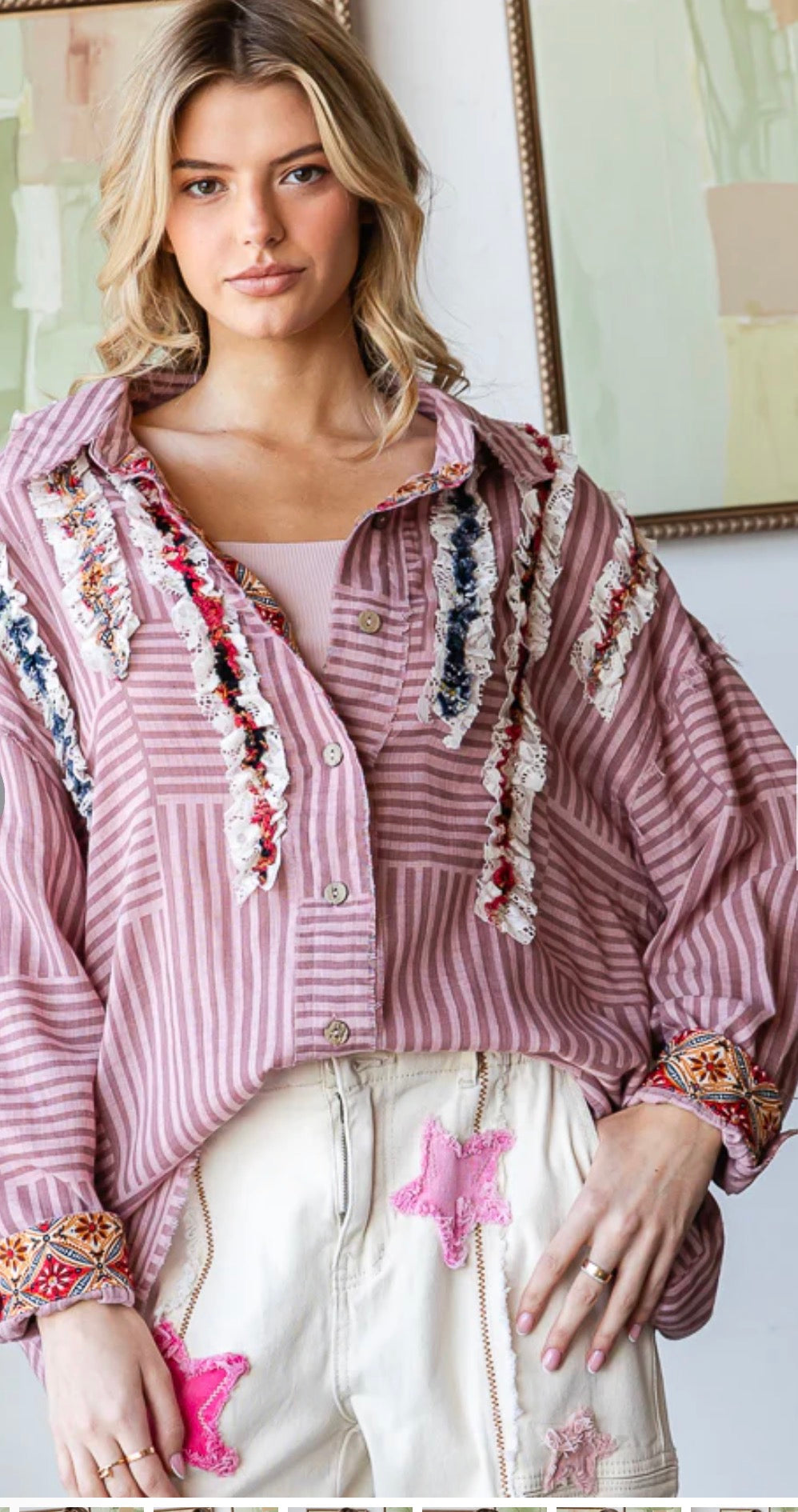 Ruffle Contrast Detail Striped Shirt