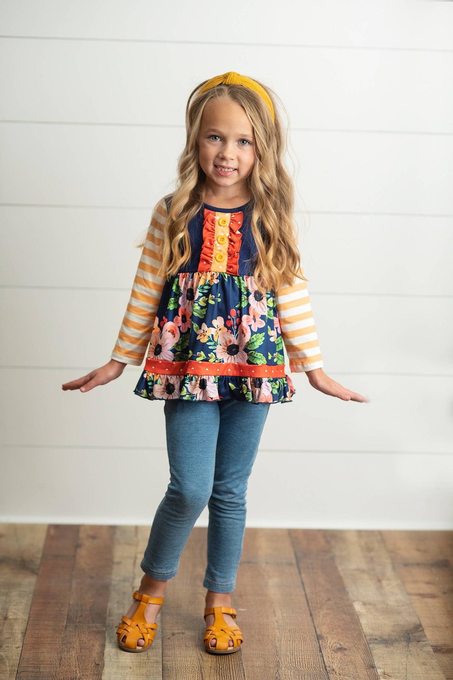 Kids Navy & Mustard Stripe Ruffle Button Long Sleeve Shirt