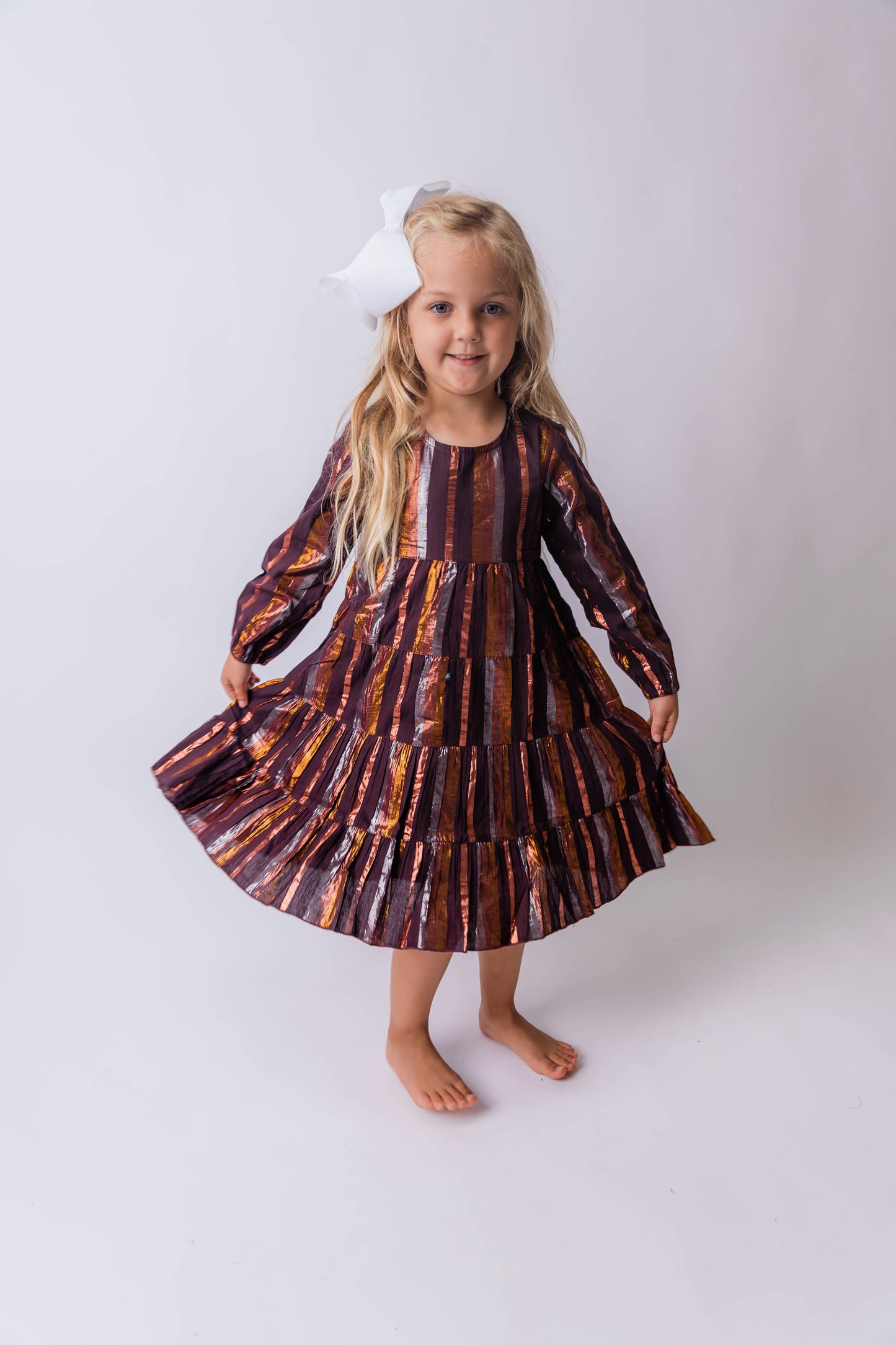 Burgundy Multi Lurex Tiered Long Sleeve Dress