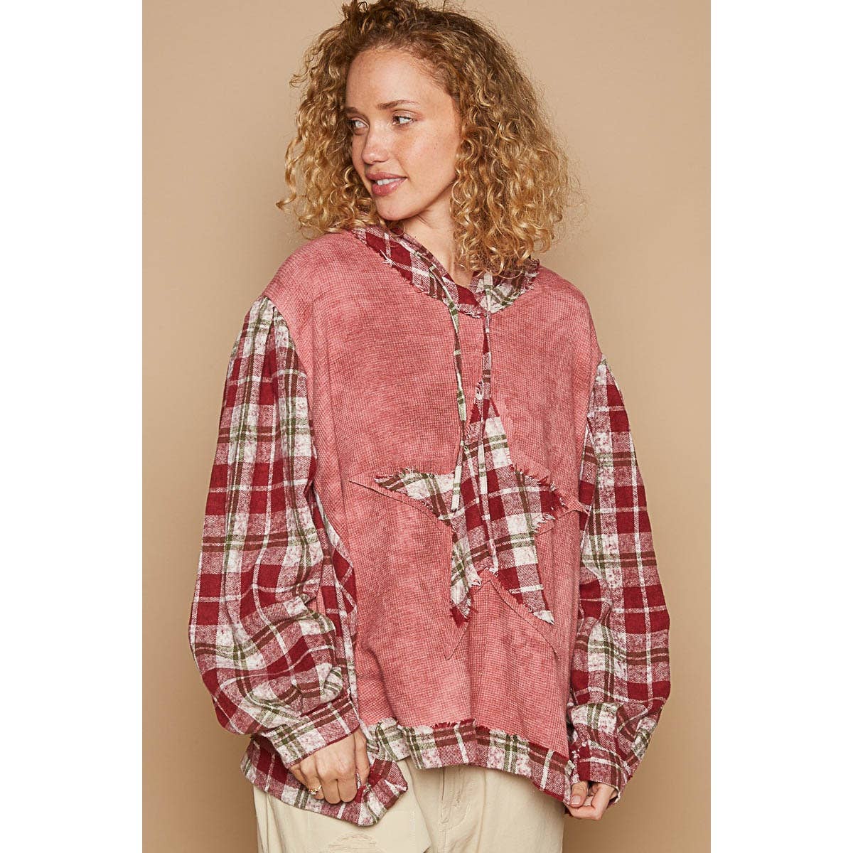 Tie dyed balloon plaid sleeve star patch top *Final Sale*