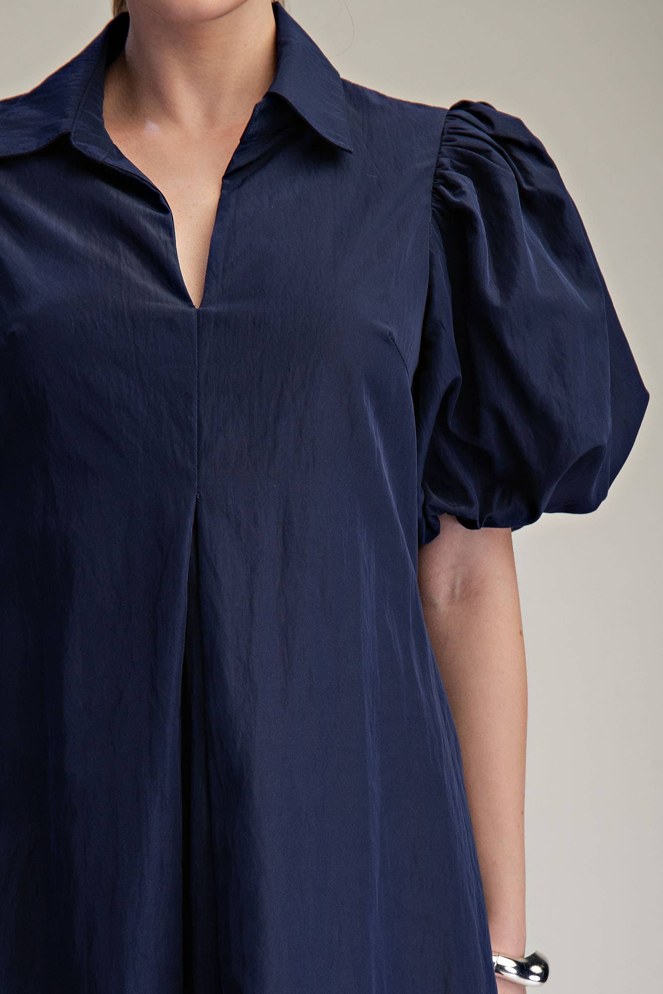 Collar V-Neck Puff Sleeve Pleated Midi Dress