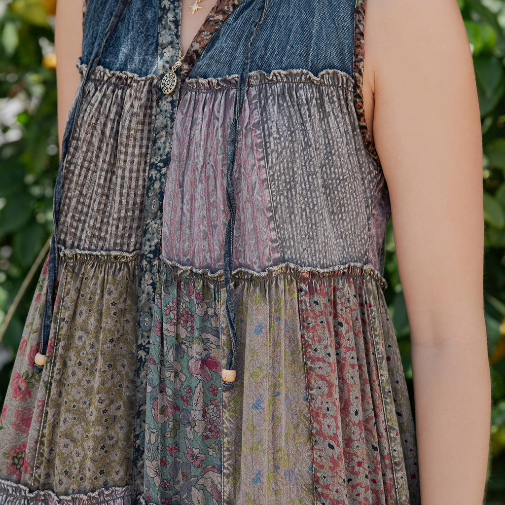 Boho Patchwork Sleeveless Maxi Duster With Hoodie NEW