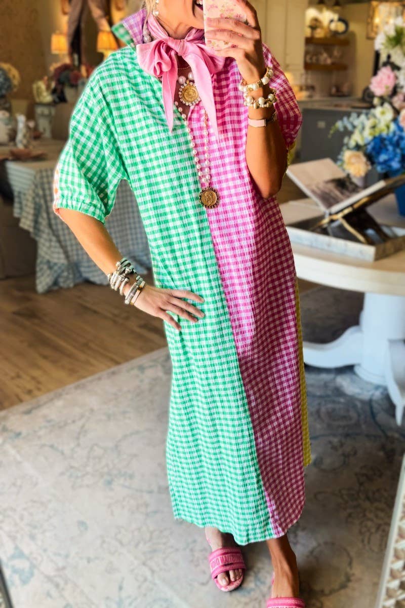 Boho & Party Colorblock Gingham Plaid Shirt Dress