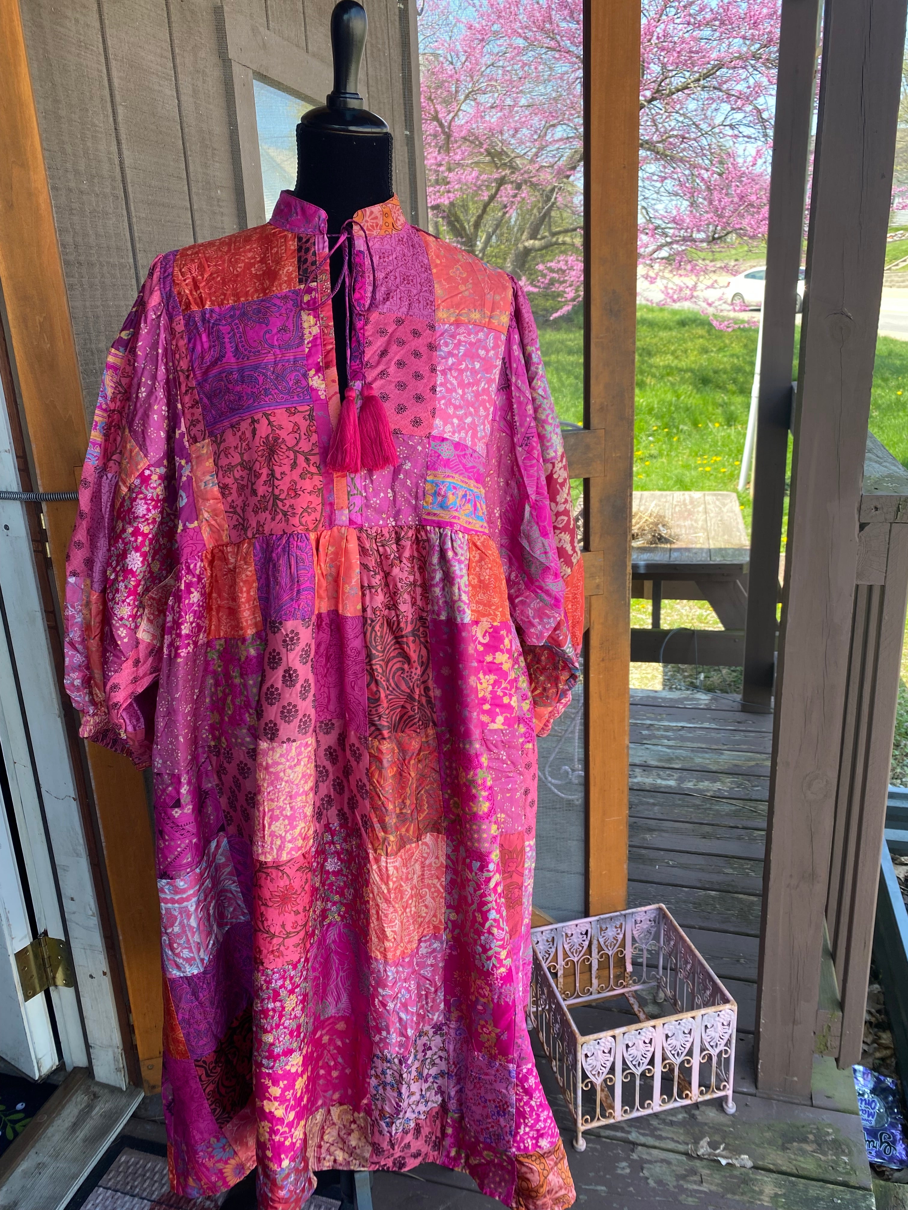 Hand Patchwork Dress - Pink Silk