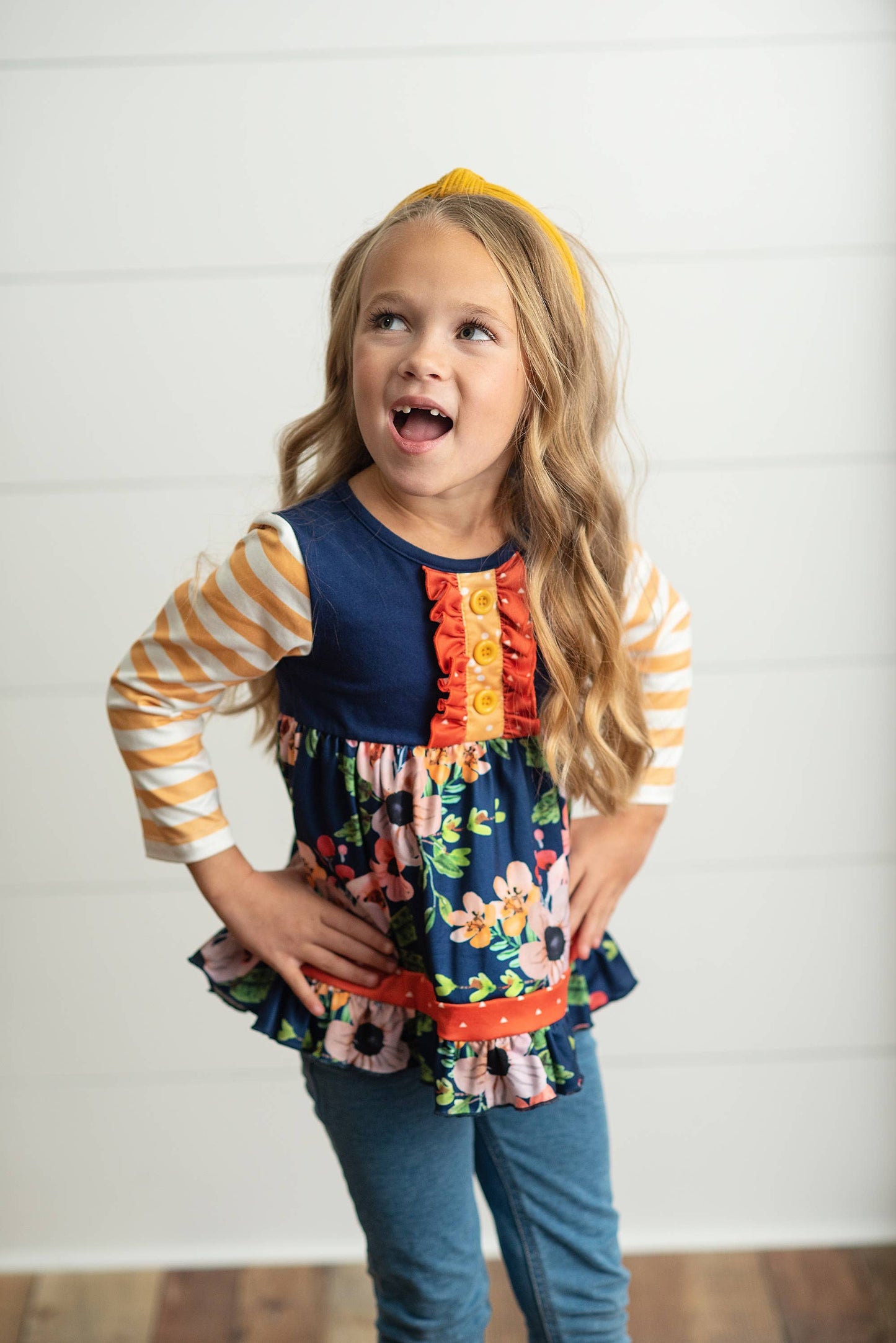 Kids Navy & Mustard Stripe Ruffle Button Long Sleeve Shirt