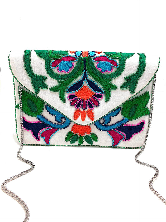 WHITE NEON STITCHED W/ MULTI BEADED CLUTCH