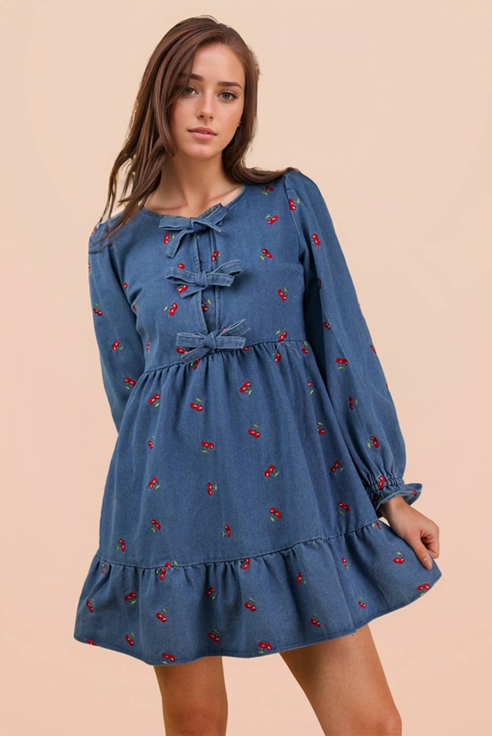 ND31898-Soft Washed Denim Printed Casual Mini Dress