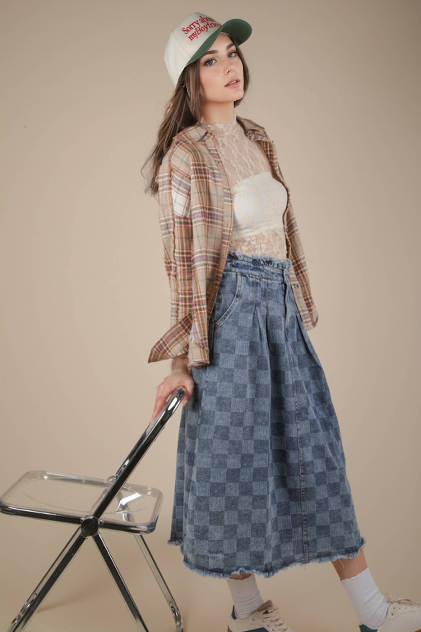 Washed Checkered Denim Midi Skirt
