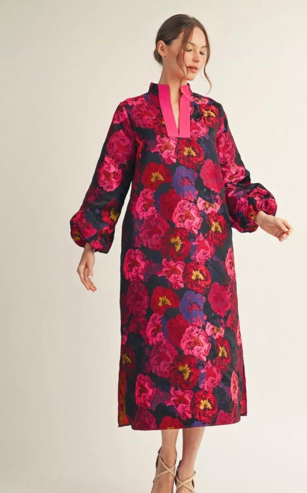 Long Puff Sleeve Floral Dress