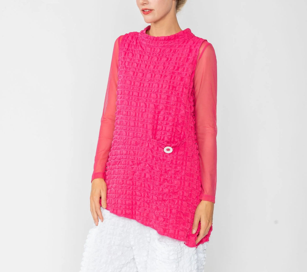 IC Collection Bubble Check Sleeveless Top - Fuchsia