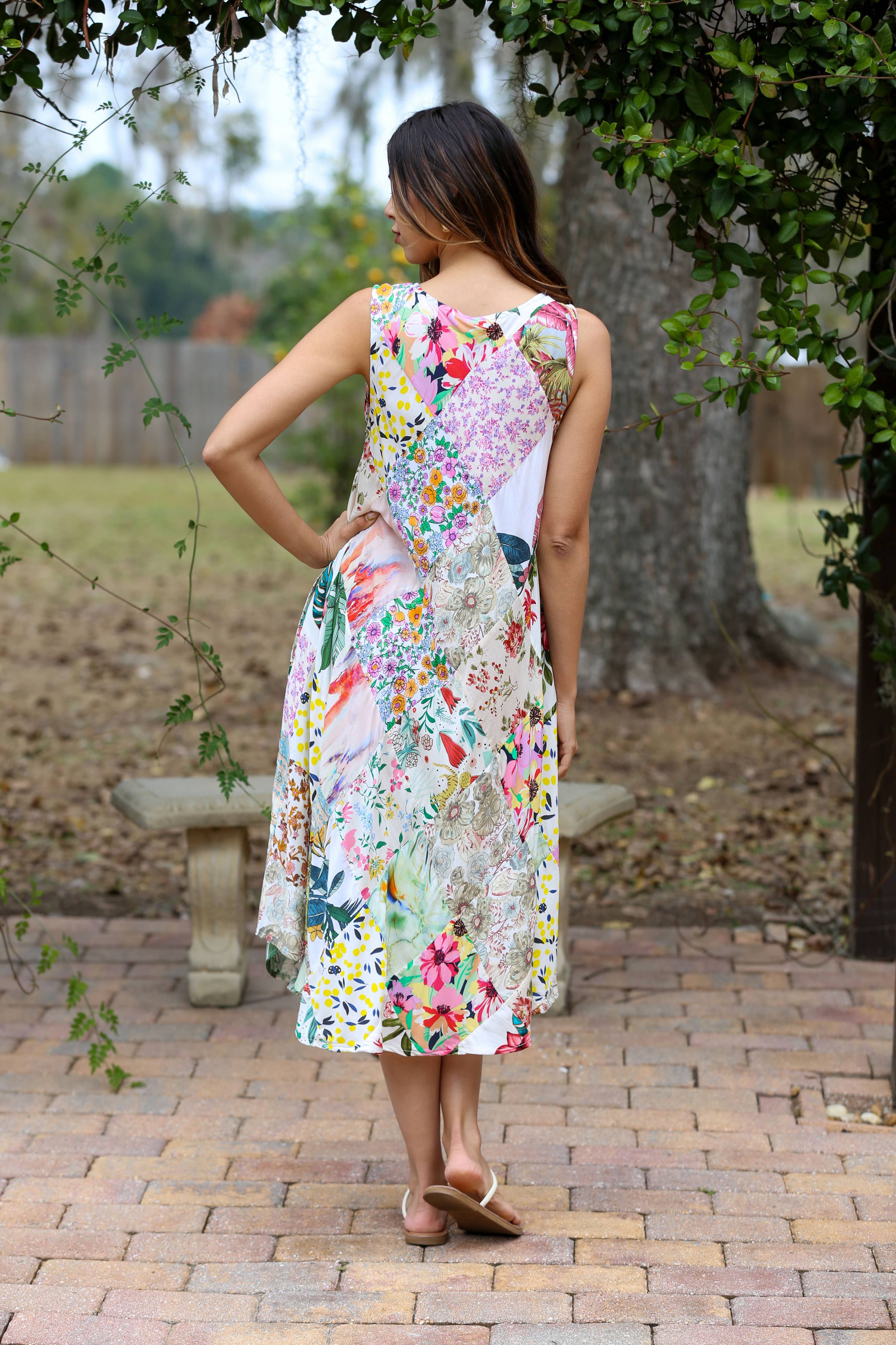 White Floral Umbrella Dress in Upcycled Patchwork