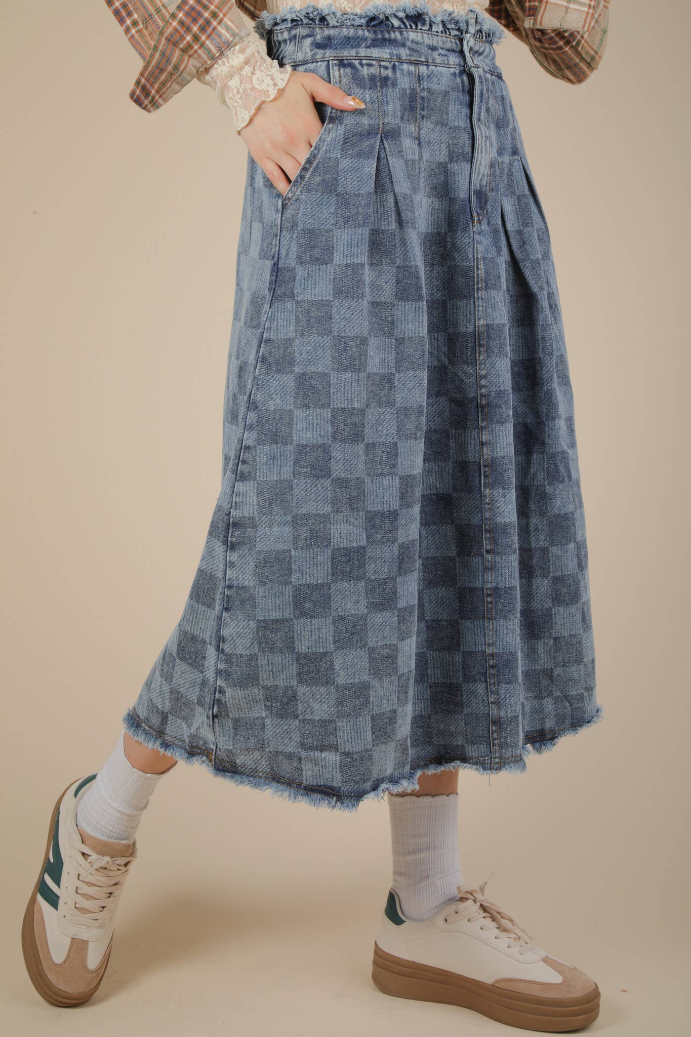 Washed Checkered Denim Midi Skirt