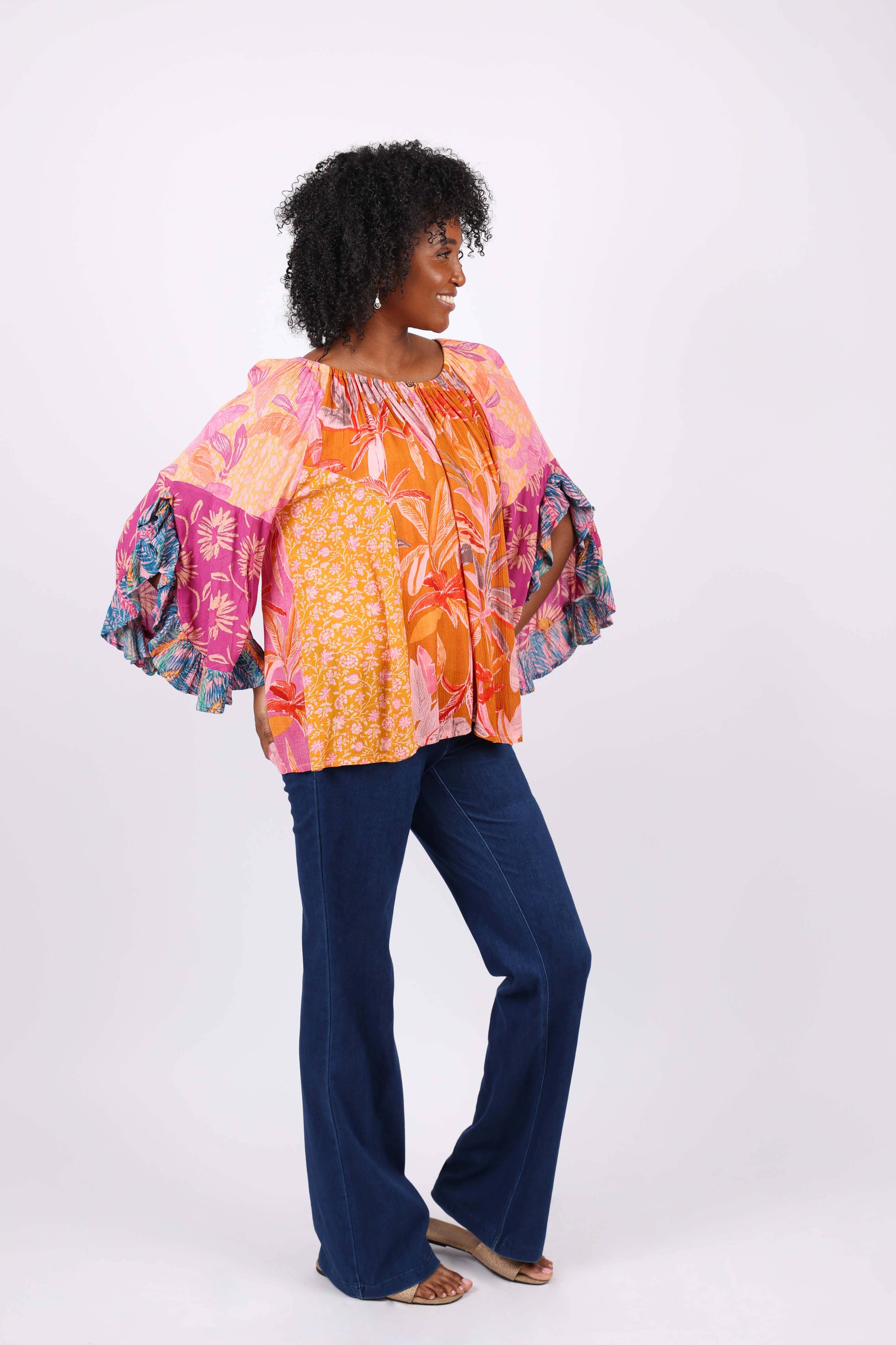 Flair Sleeve Floral Blouse: Rose Meadow Patchwork