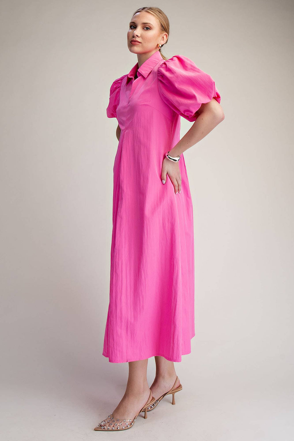 Collar V-Neck Puff Sleeve Pleated Midi Dress