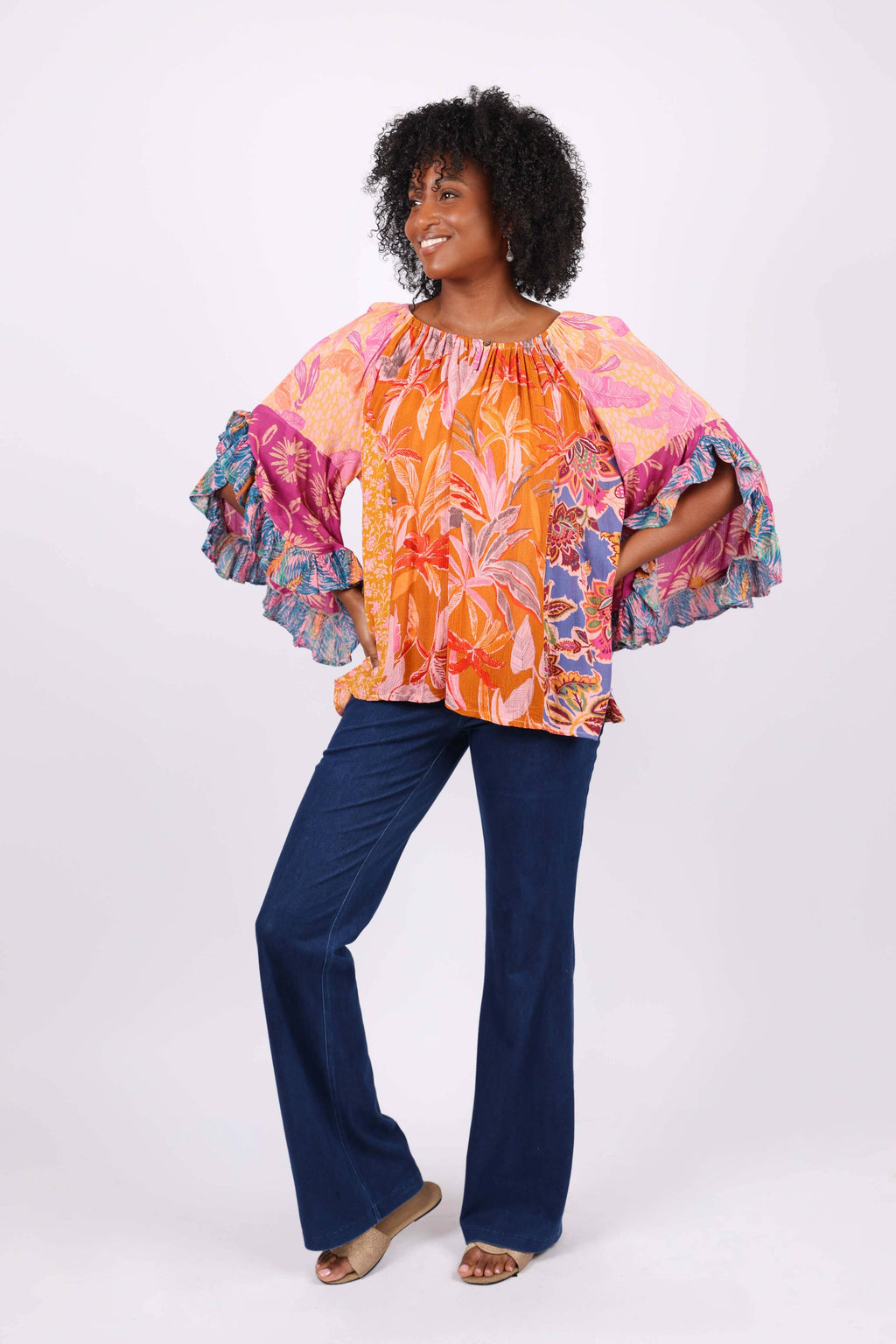 Flair Sleeve Floral Blouse: Rose Meadow Patchwork