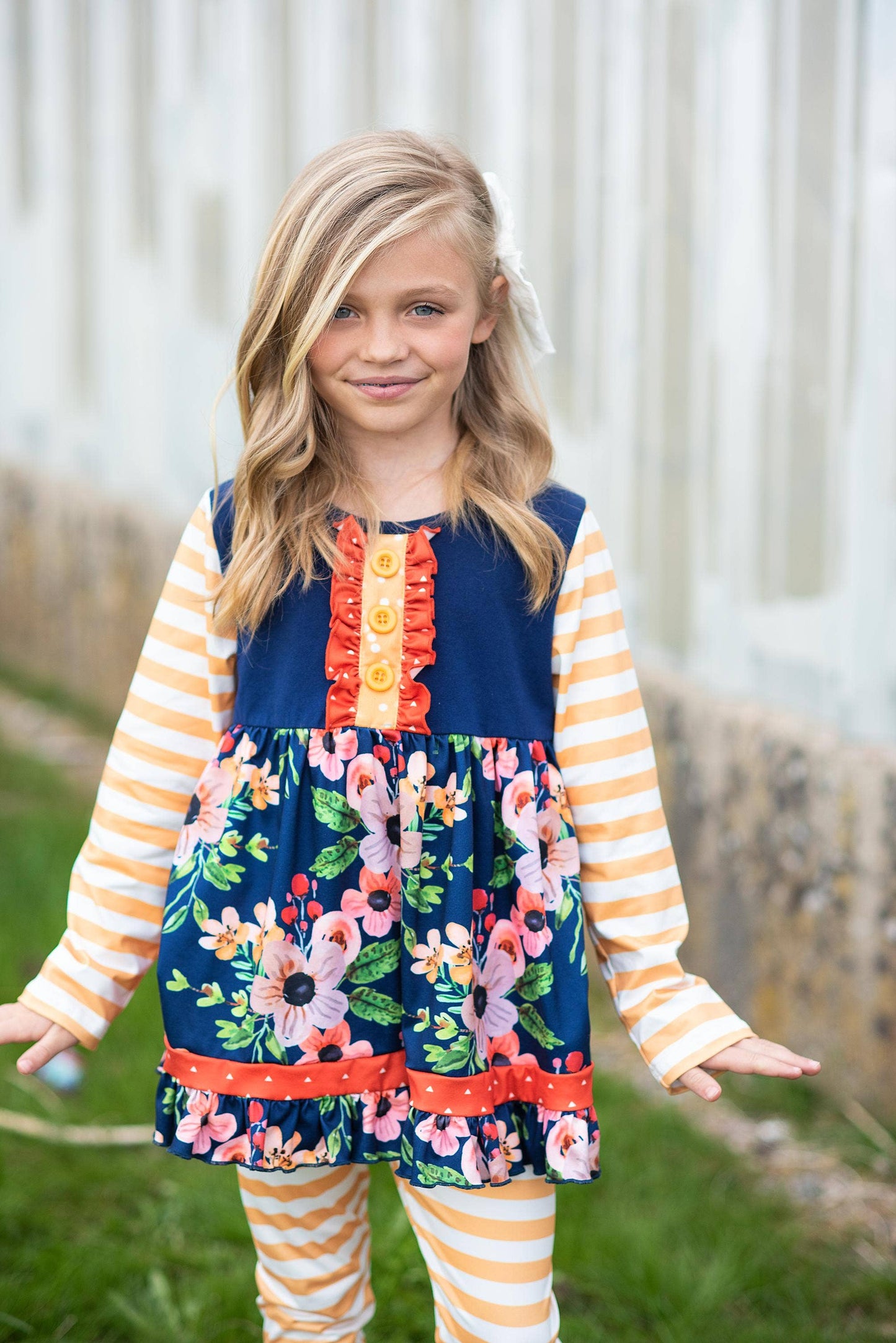 Kids Navy & Mustard Stripe Ruffle Button Long Sleeve Shirt