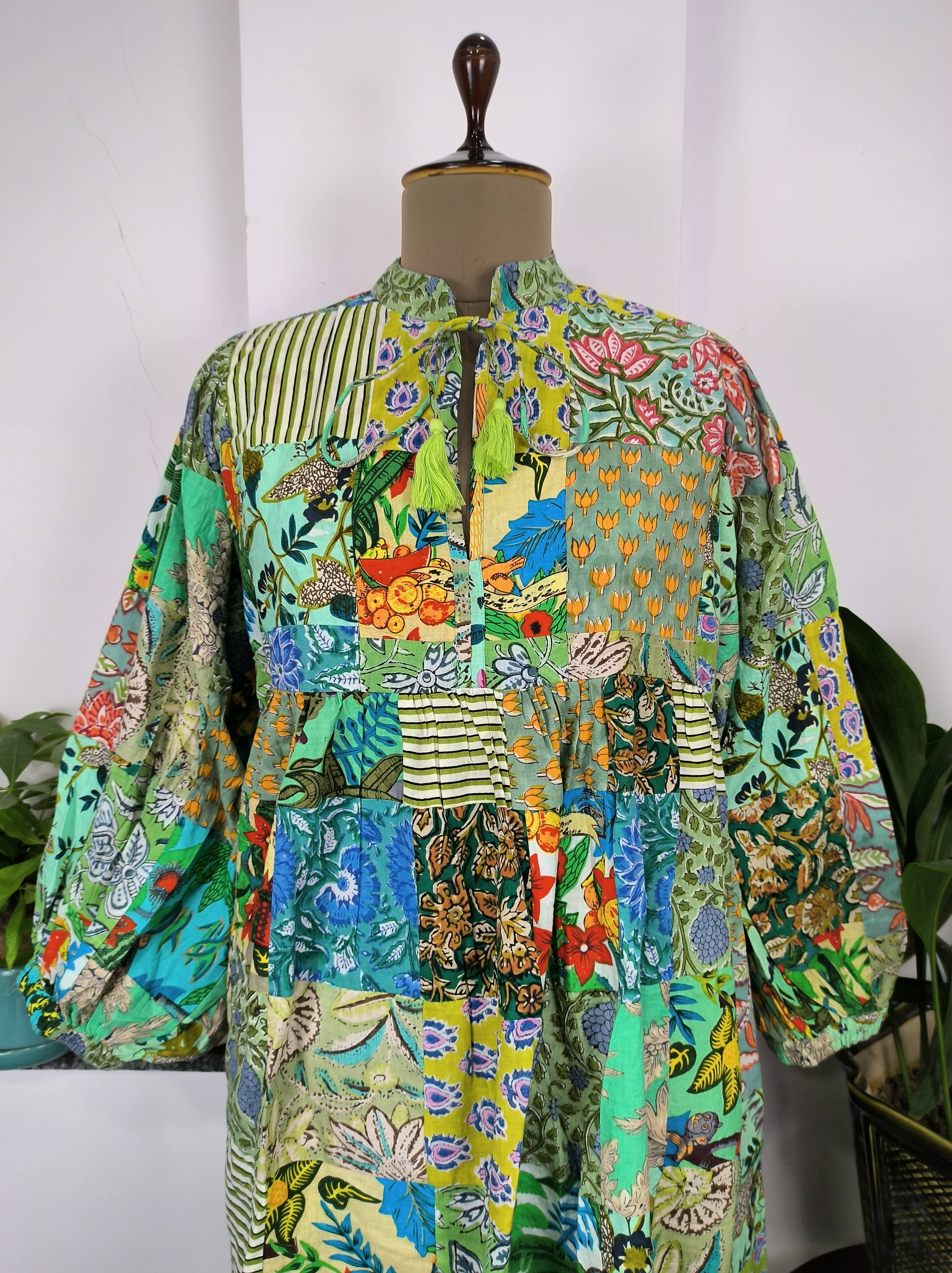 Hand Patchwork Dress - Green Cotton