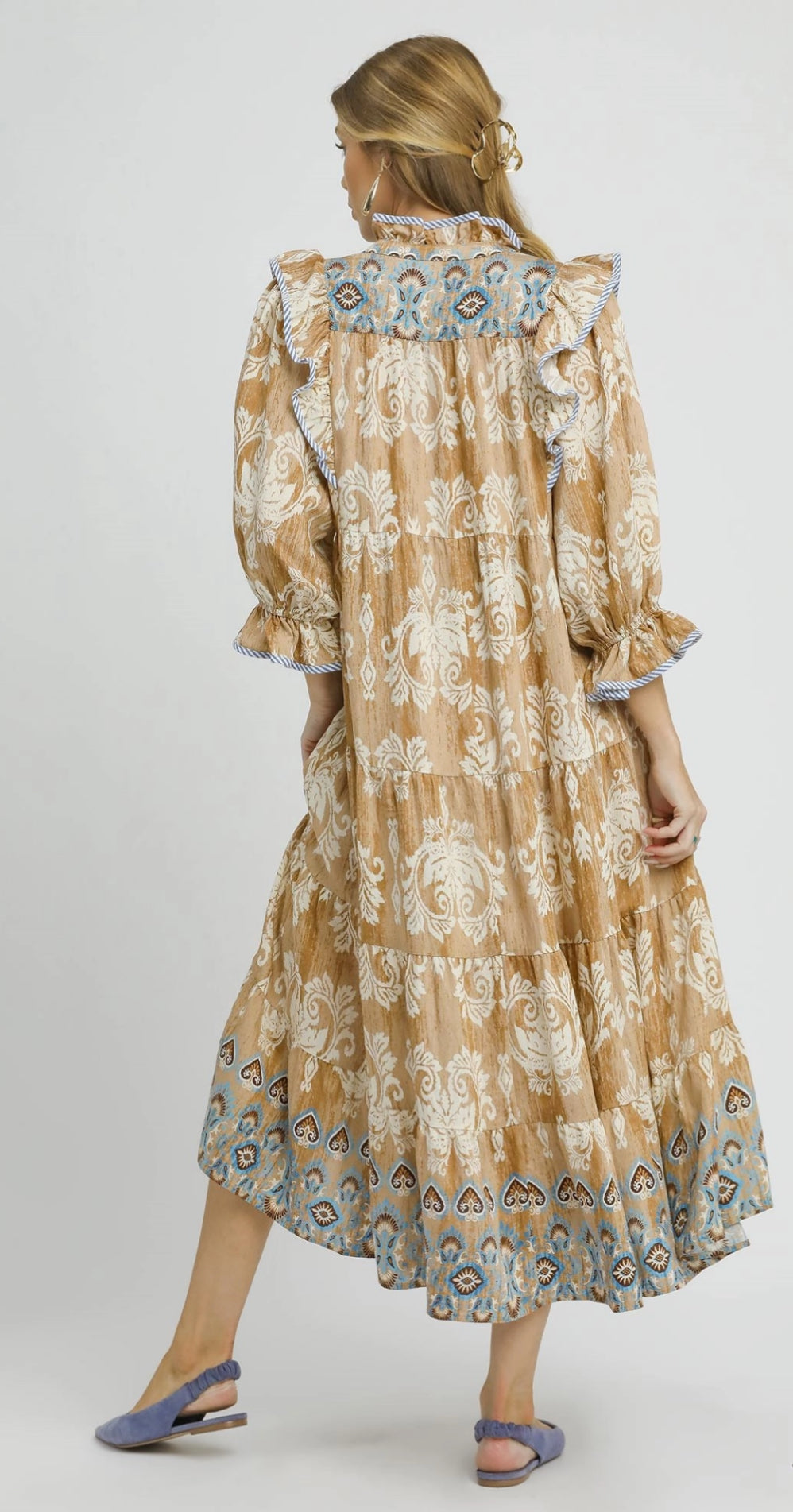 Damask Ruffle Sleeve Dress
