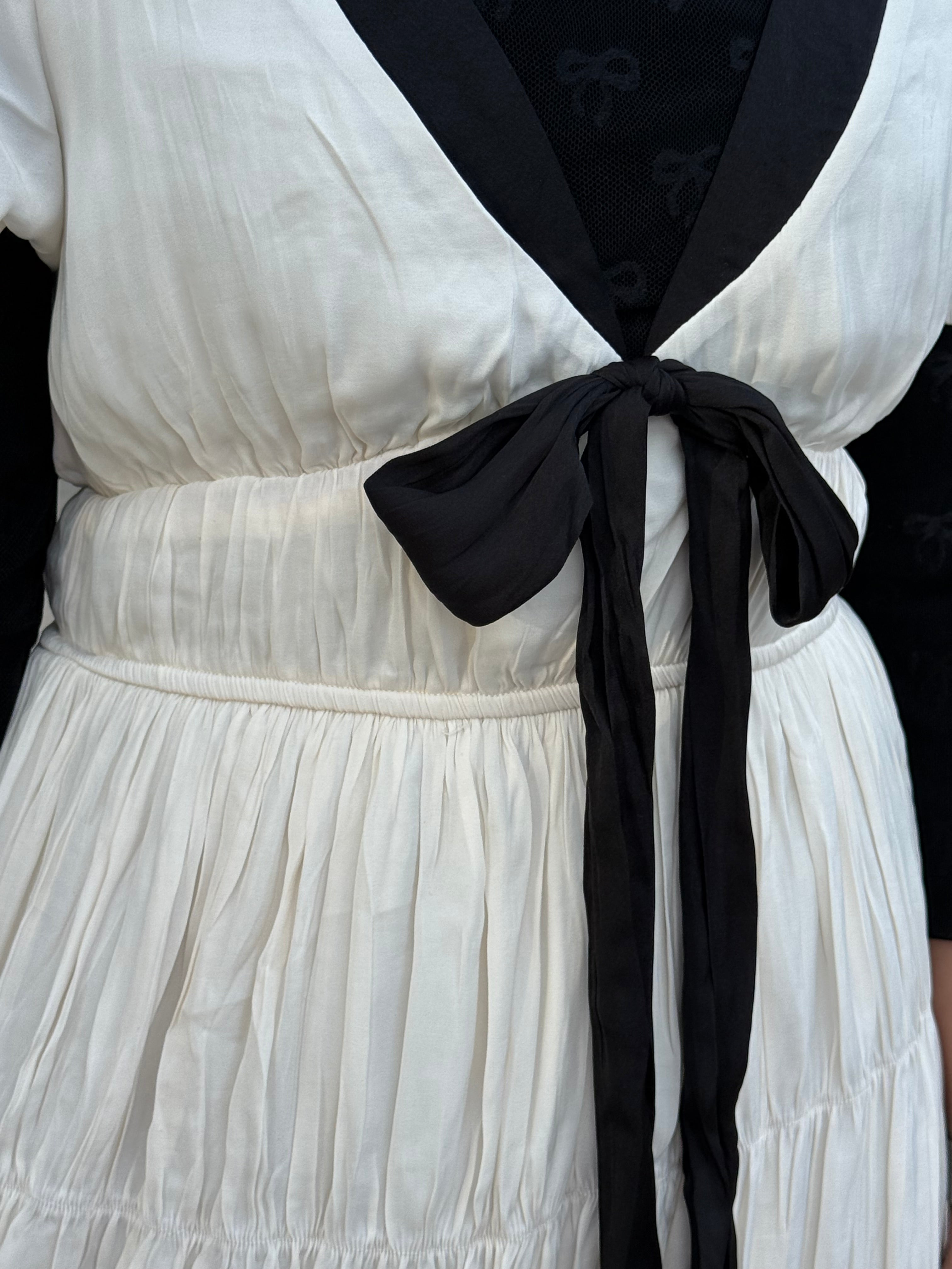 Contrast BOW CHARMEUSE PUFF SLEEVE DRESS