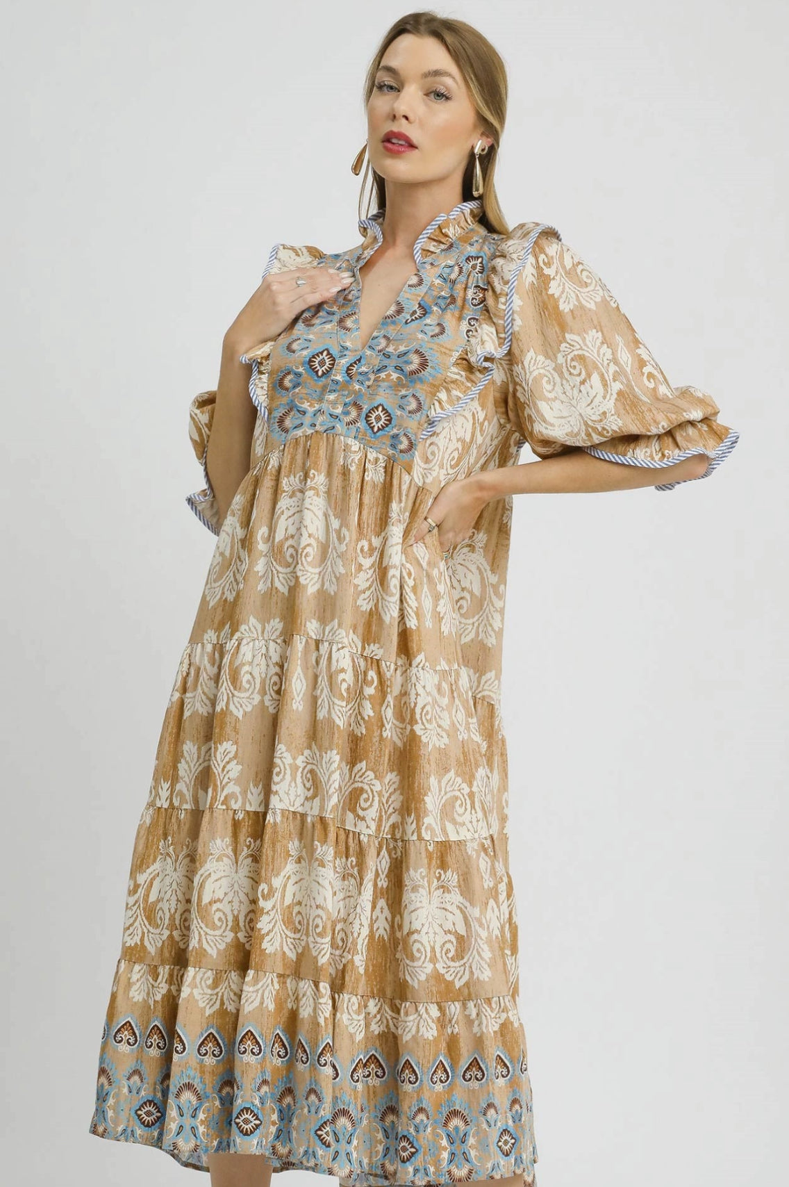 Damask Ruffle Sleeve Dress