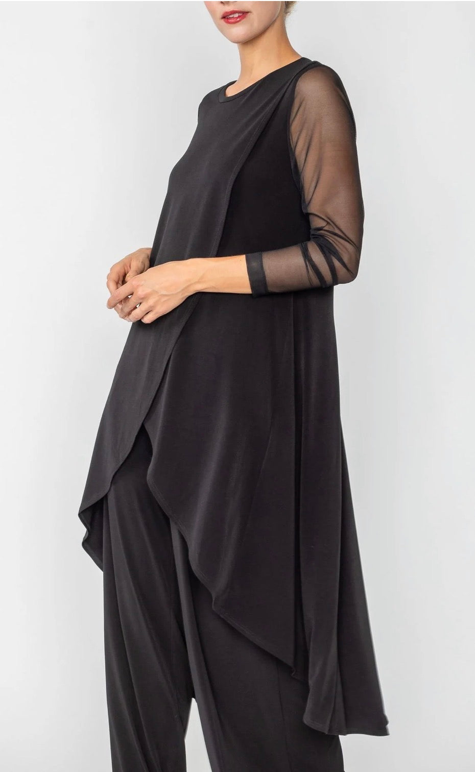 Black Front Overlap See Through Sleeve Top