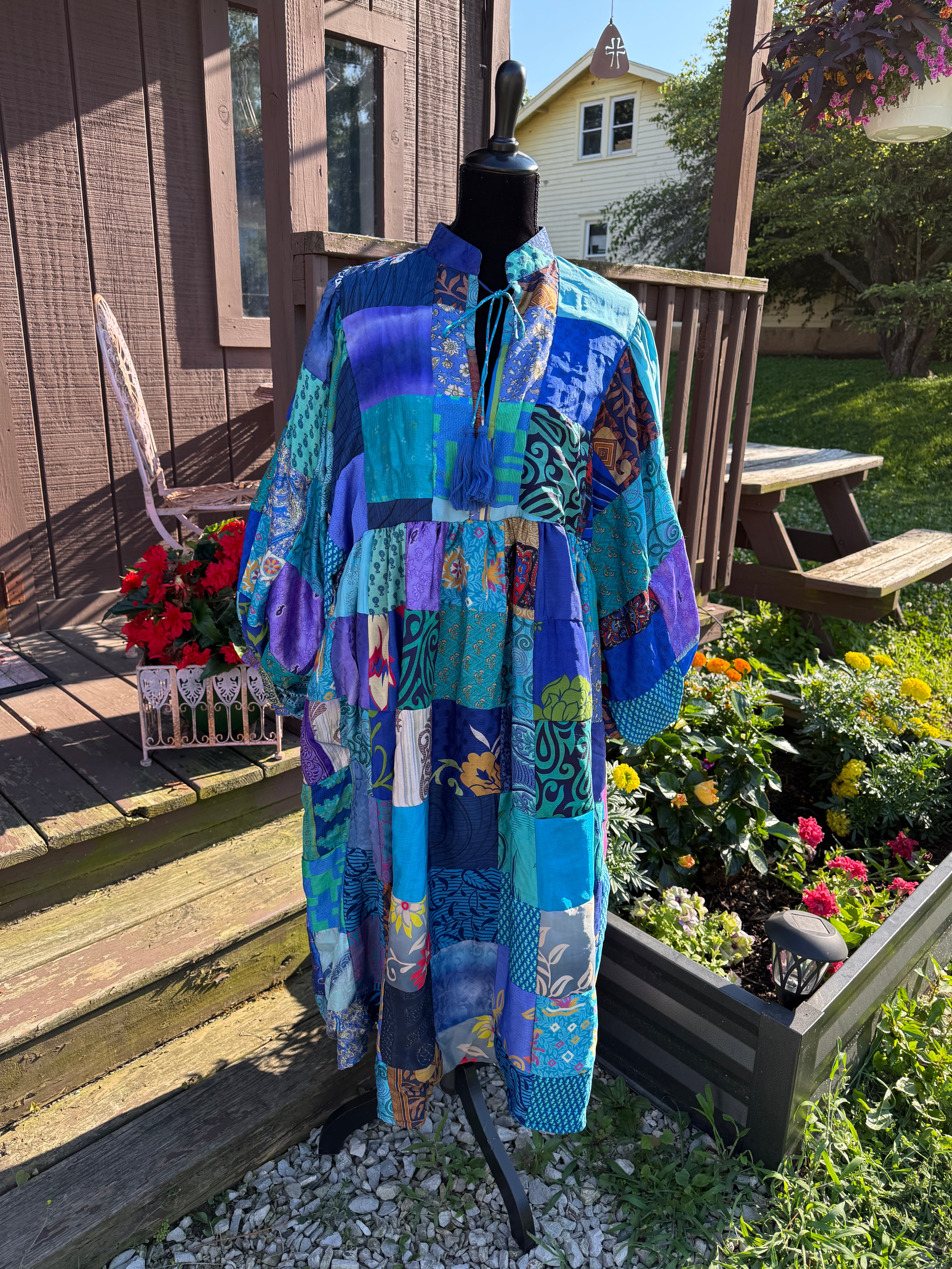 Hand Patchwork Dress - Blue Silk