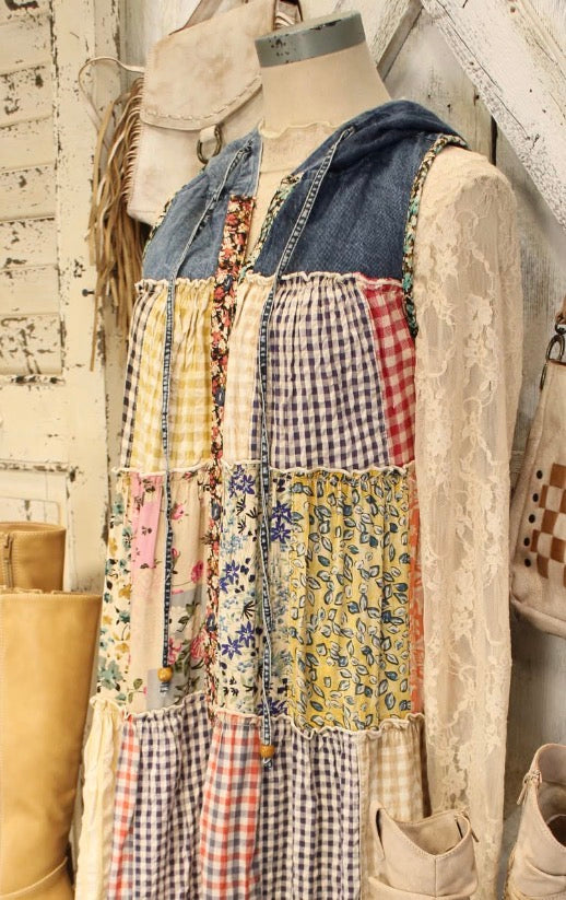 Boho Patchwork Sleeveless Maxi Duster With Hoodie NEW