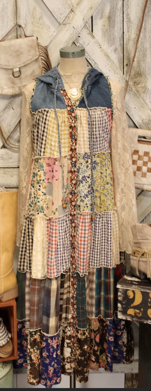 Boho Patchwork Sleeveless Maxi Duster With Hoodie NEW