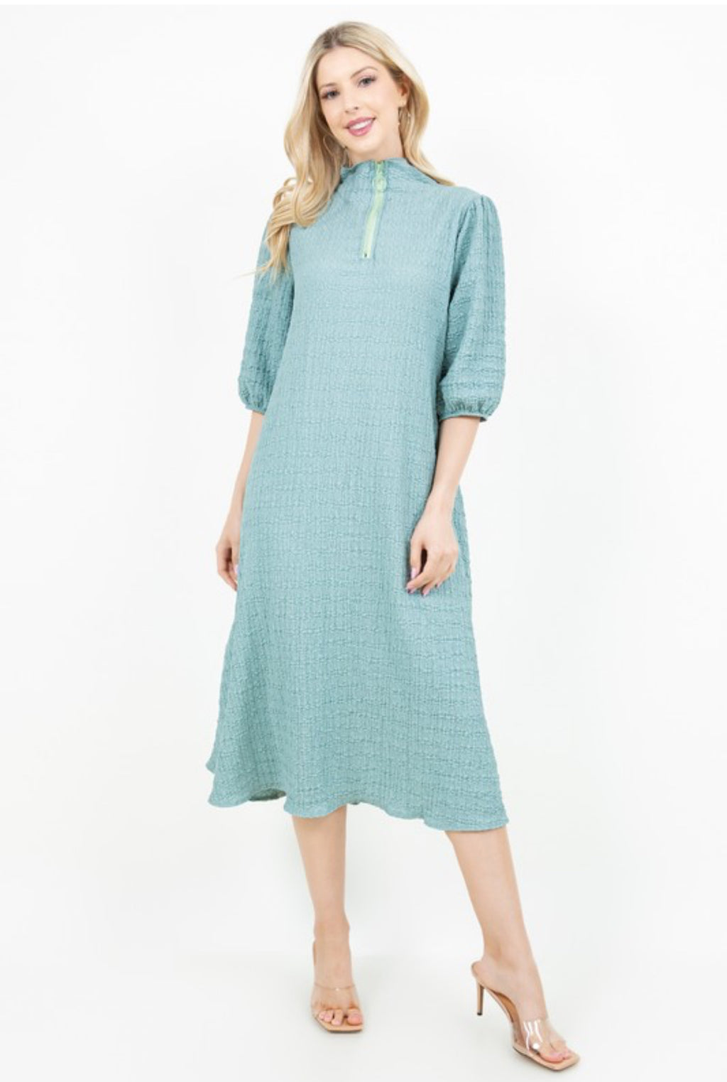 3/4 Zip A-Line MIDI Dress - Sage
