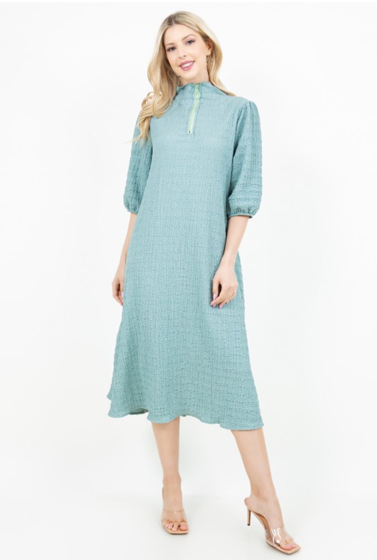 3/4 Zip A-Line MIDI Dress - Sage
