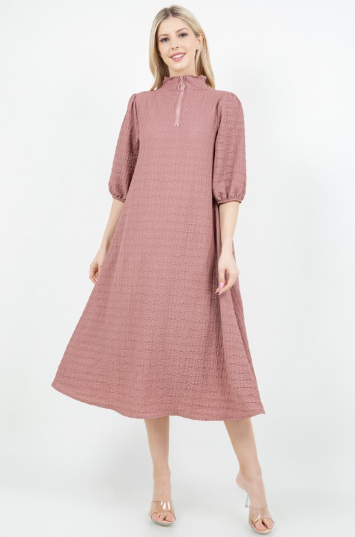3/4 Zip A-Line MIDI Dress - Mauve