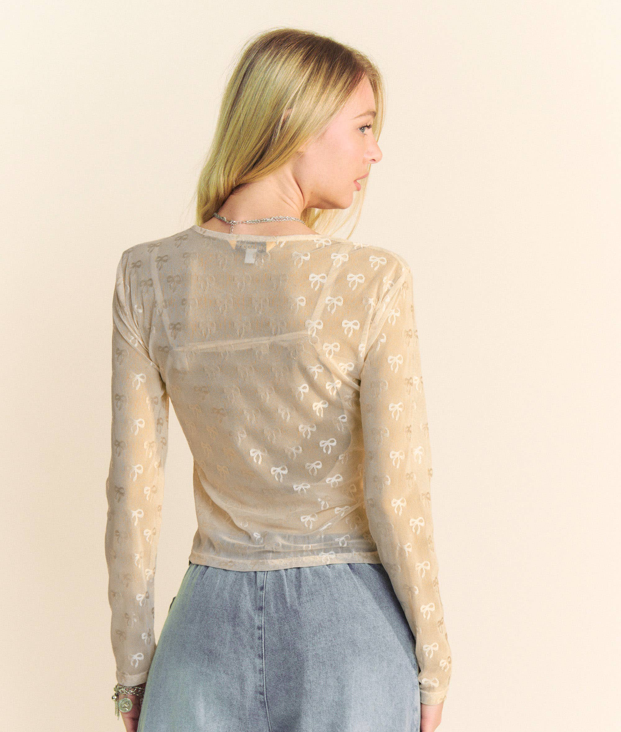RIBBON EMBROIDERED LONG SLEEVE MESH TOP - Cream