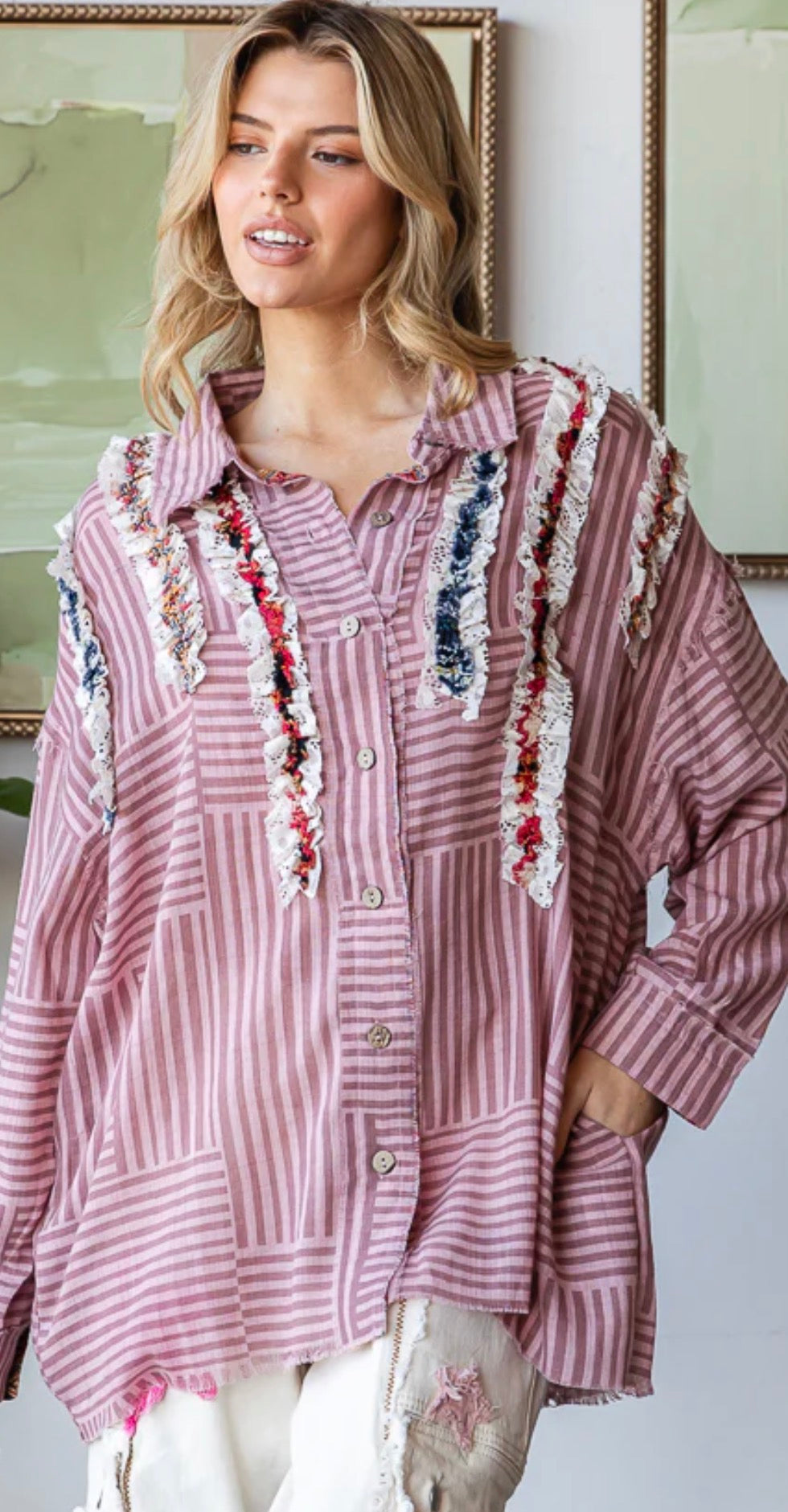 Ruffle Contrast Detail Striped Shirt