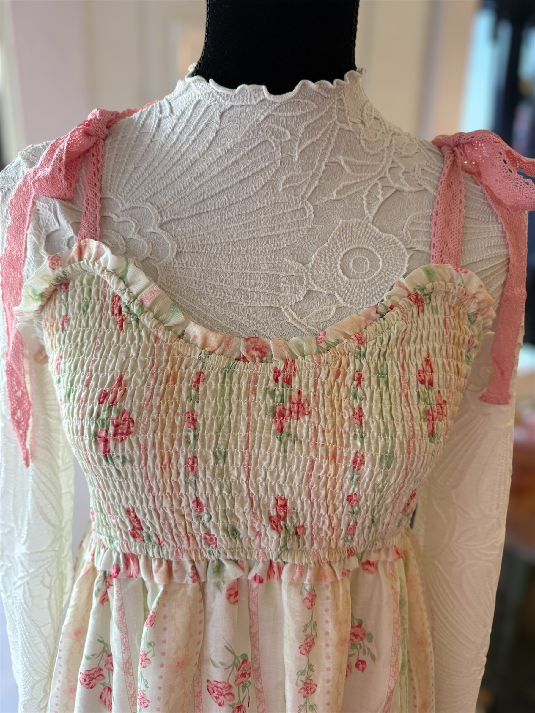 PINK FLORAL PRINTS AND LACE RIBBON STRAPS