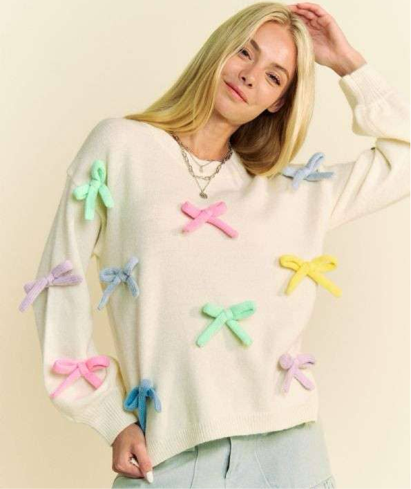 MULTI COLOR RIBBON BOW TIE LOOSE FIT KNIT SWEATER