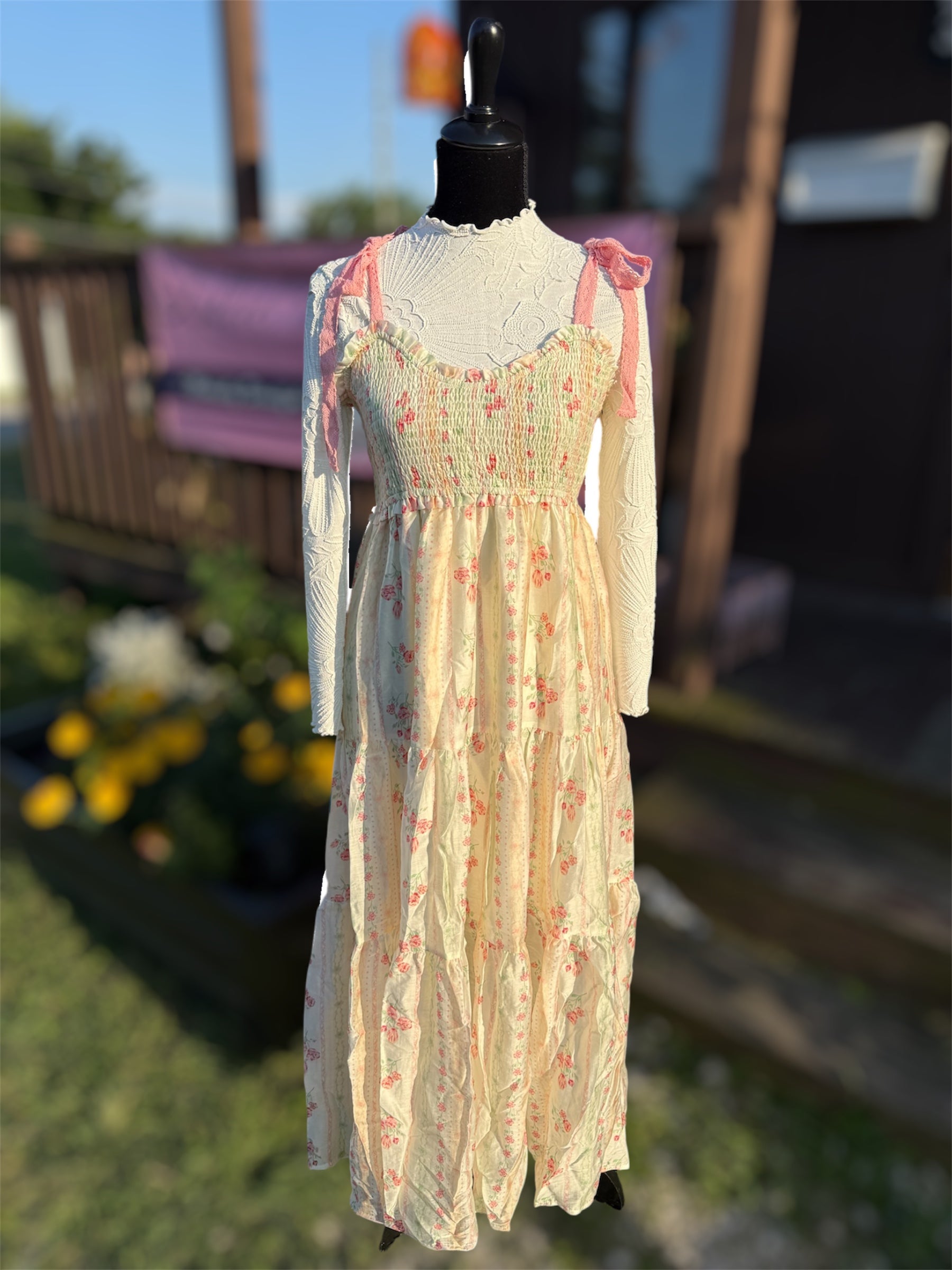 PINK FLORAL PRINTS AND LACE RIBBON STRAPS