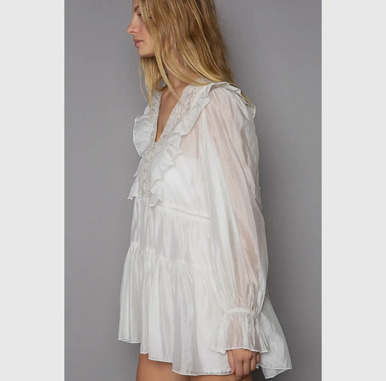 V-Neck Long Sleeve Ruffle Shirring Satin Top”FINAL SALE”