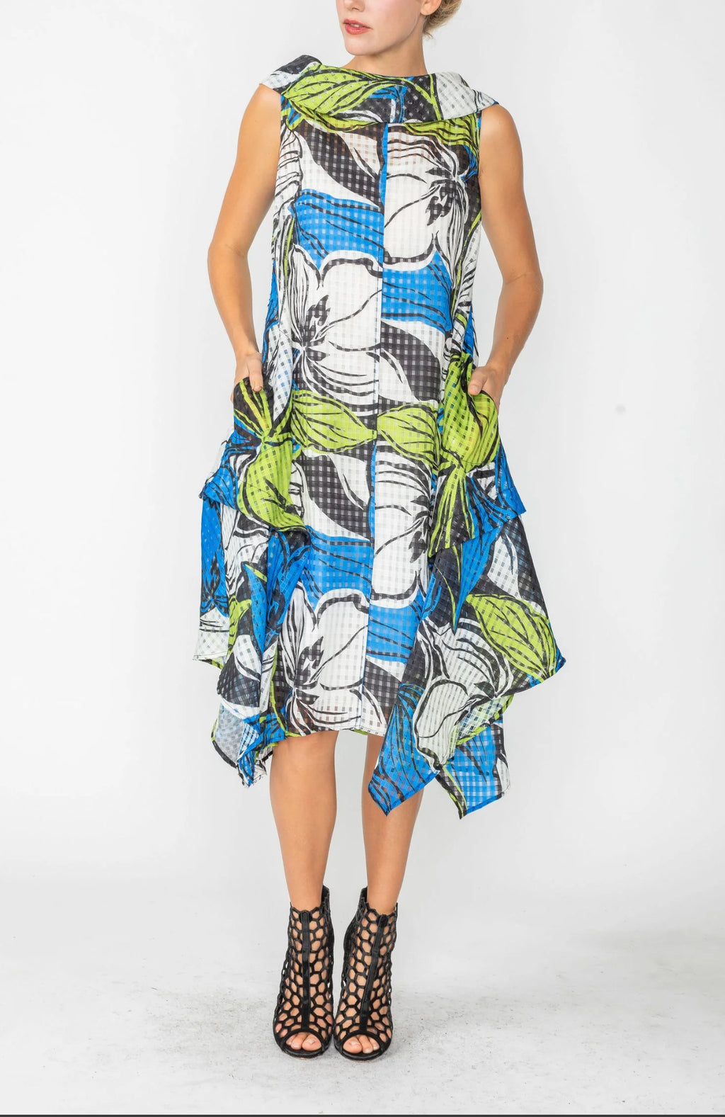 Blue Cowl-Neck Sleeveless Asymmetrical Dress