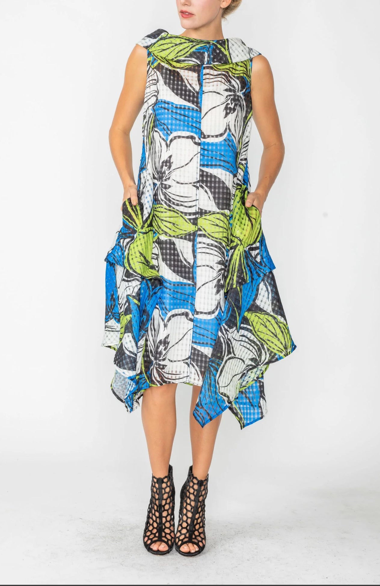 Blue Cowl-Neck Sleeveless Asymmetrical Dress