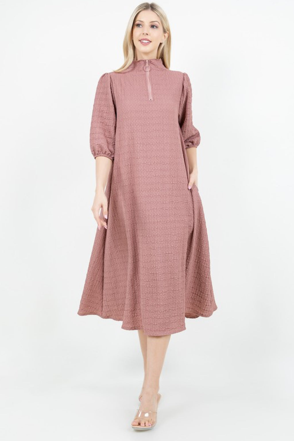 3/4 Zip A-Line MIDI Dress - Mauve