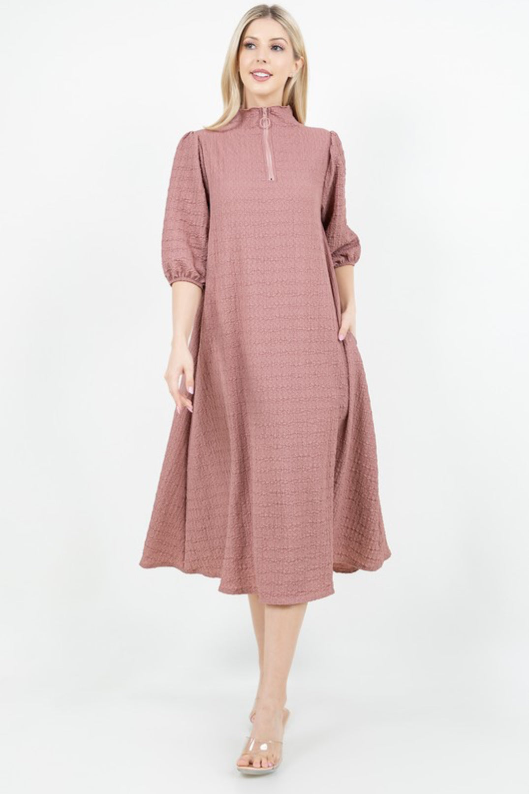 3/4 Zip A-Line MIDI Dress - Mauve