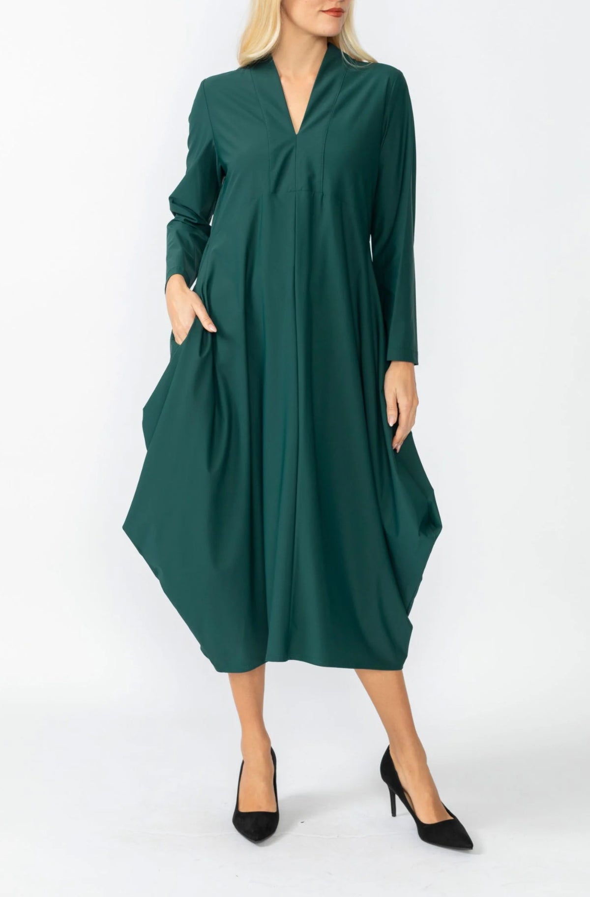 Hunter Green Shawl Collar Draped Dress-“Final Sale”