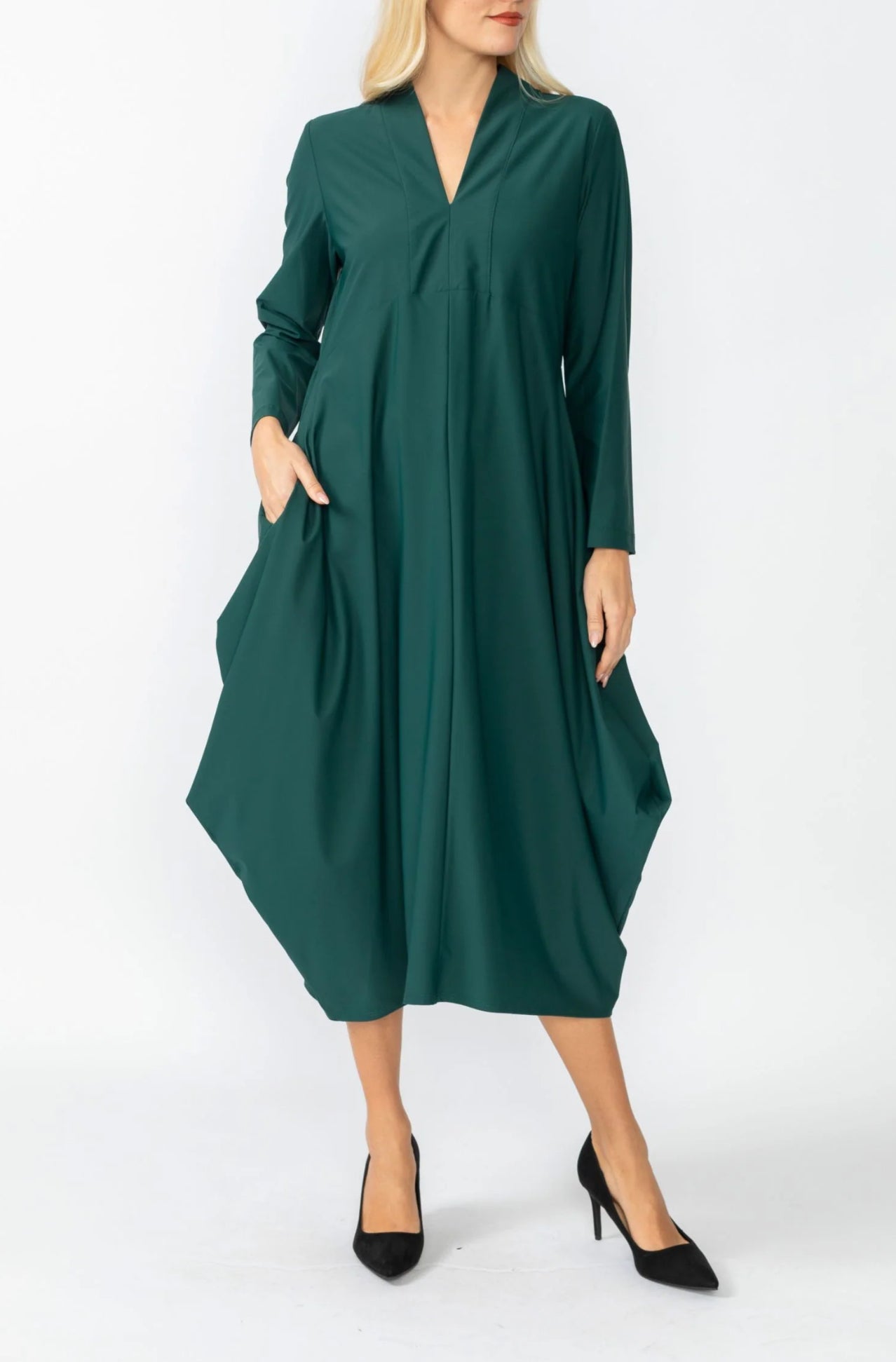 Hunter Green Shawl Collar Draped Dress