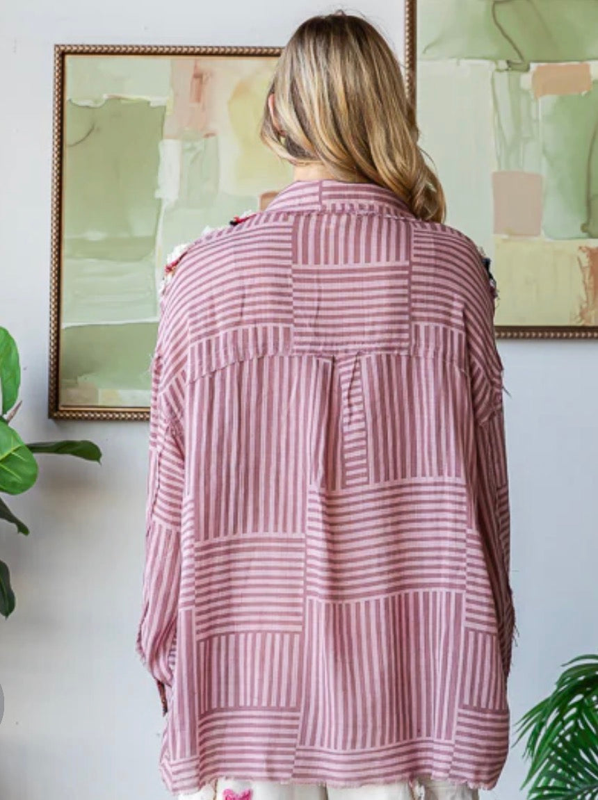 Ruffle Contrast Detail Striped Shirt