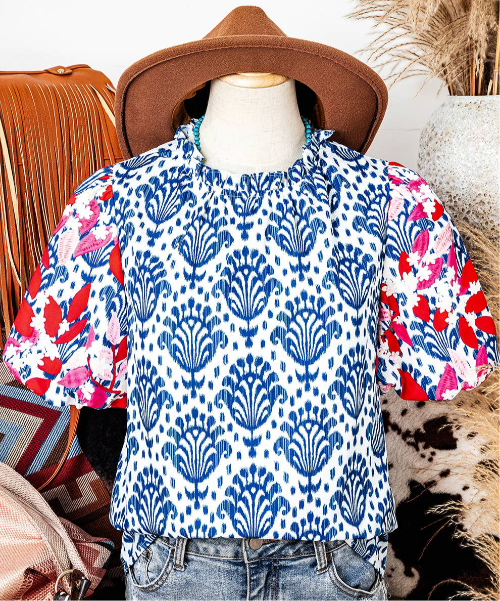 Western Fashion Print Floral Puff Sleeve Frill Neck Blouse