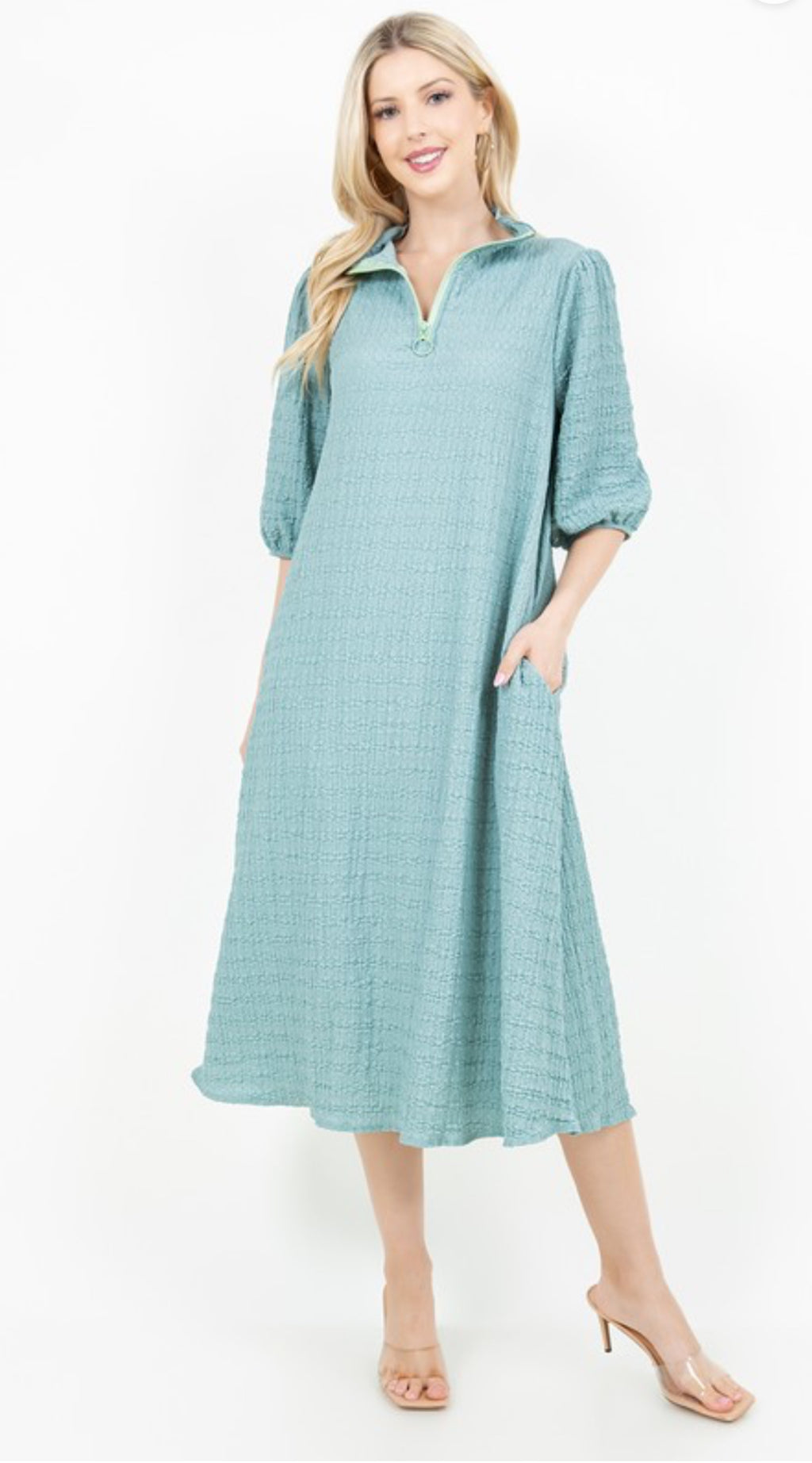 3/4 Zip A-Line MIDI Dress - Sage
