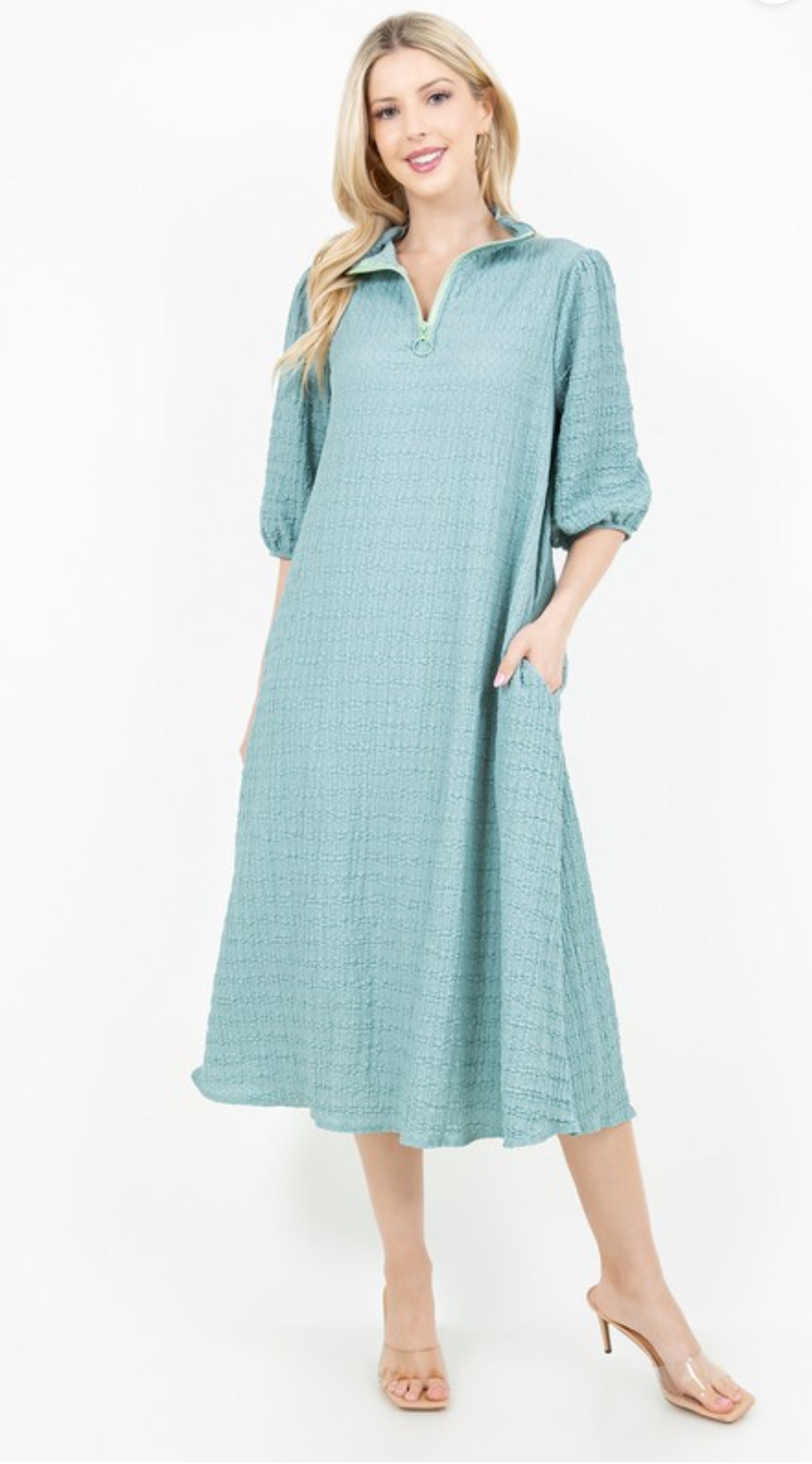 3/4 Zip A-Line MIDI Dress - Sage