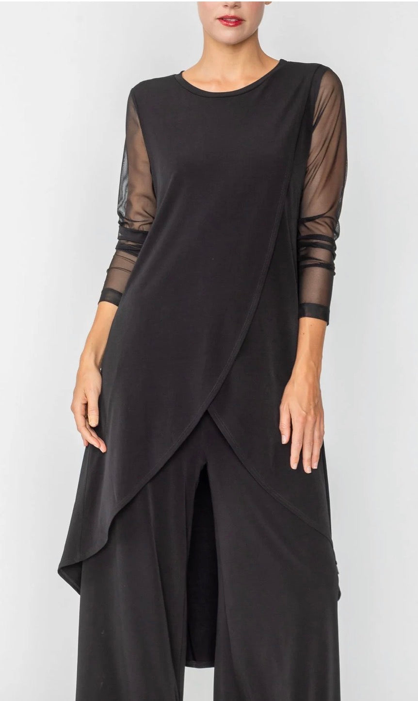 Black Front Overlap See Through Sleeve Top