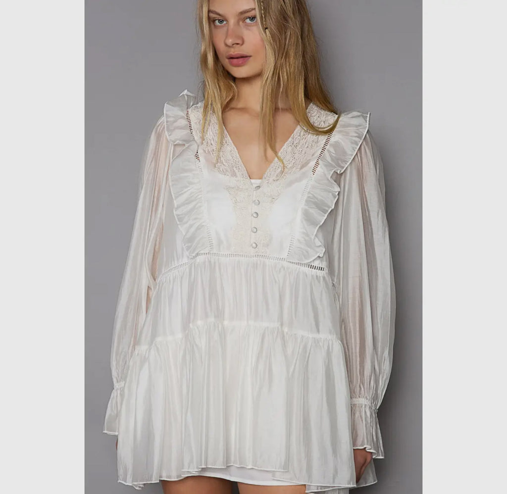 V-Neck Long Sleeve Ruffle Shirring Satin Top”FINAL SALE”