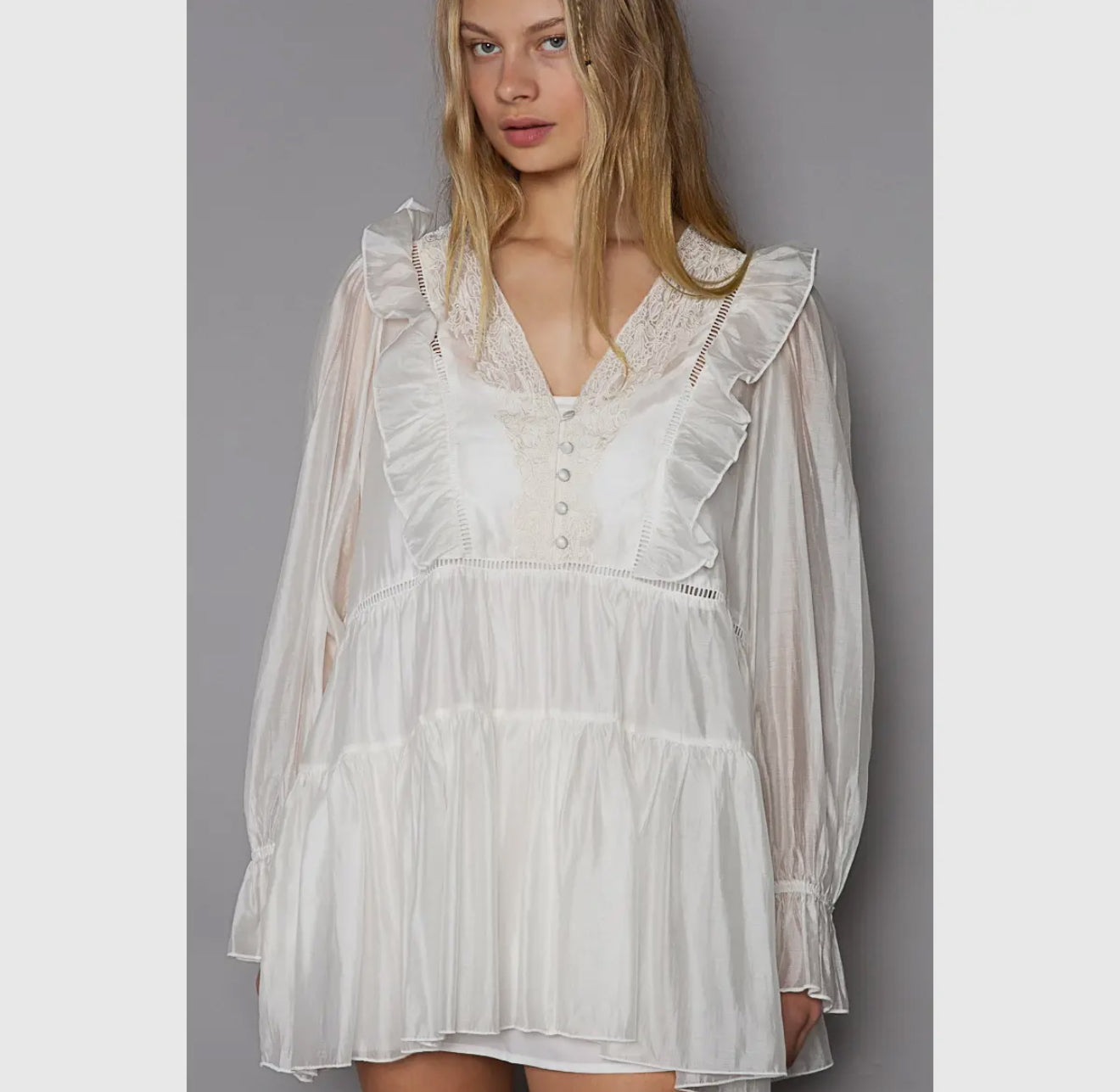 V-Neck Long Sleeve Ruffle Shirring Satin Top”FINAL SALE”